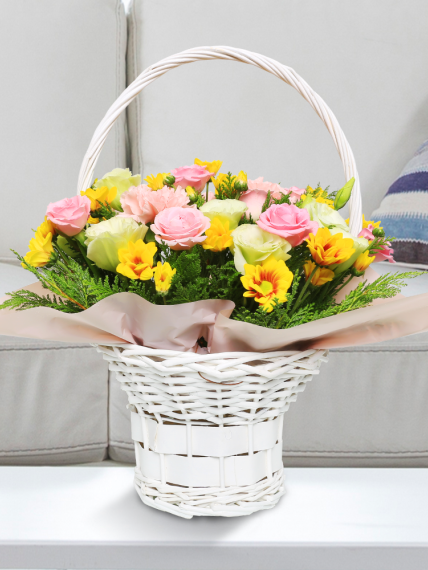 꽃바구니 - 노랑핑크 (총 높이 약 35cm)